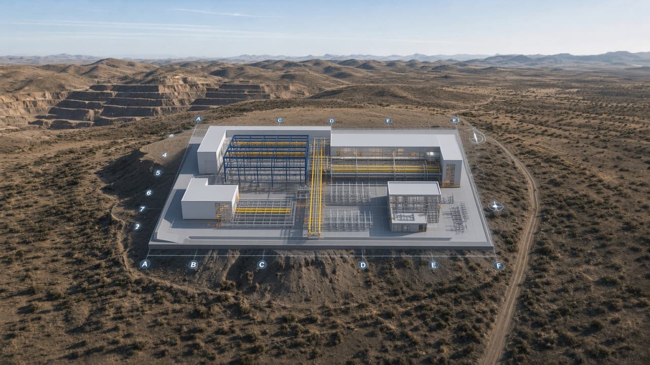 Modelo BIM federado de nave industrial minera levantándose desde los planos